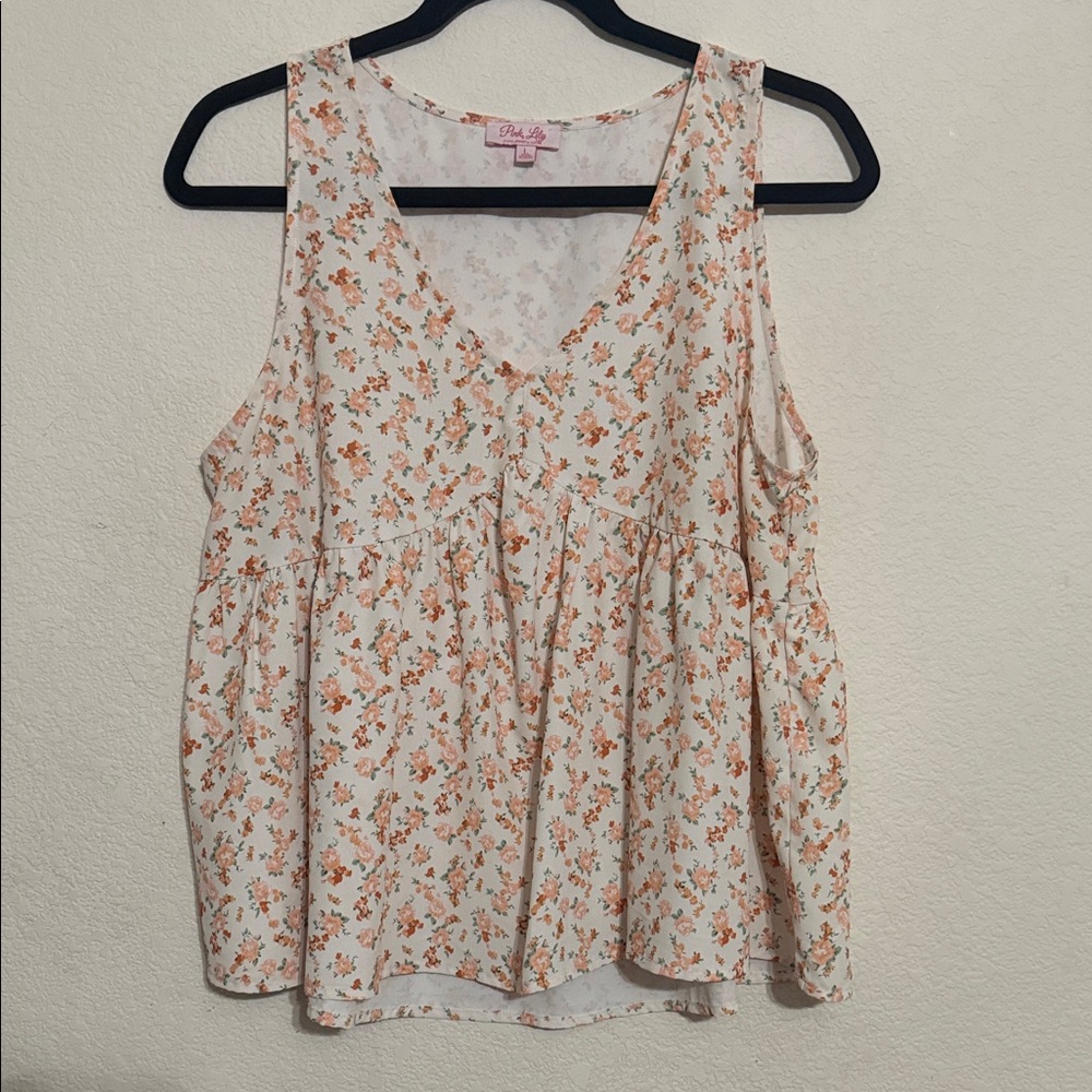 Pink Lily Cream Floral V-Neck Tank Top with Orange Blossoms